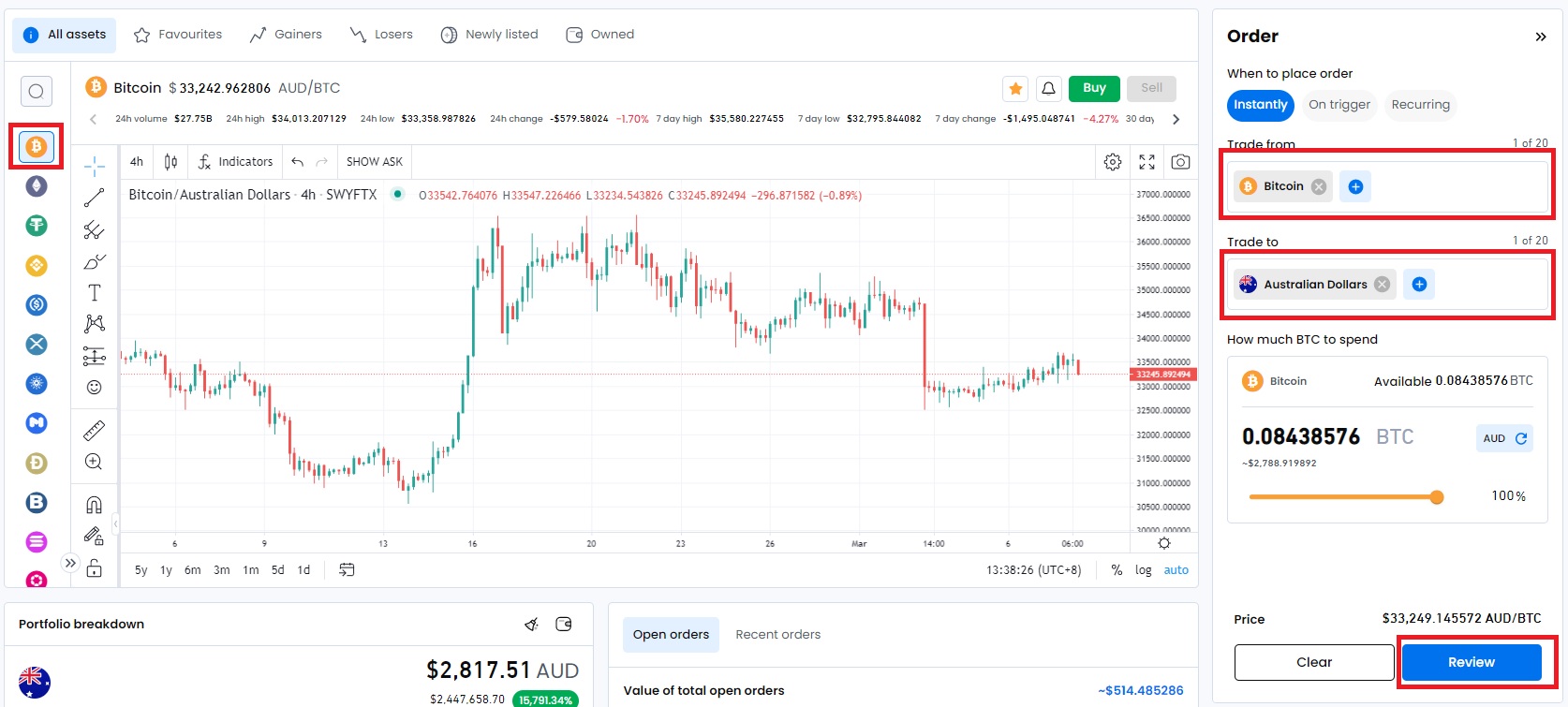 BTC to AUD → Bitcoin(BTC) to AU dollar(AUD)