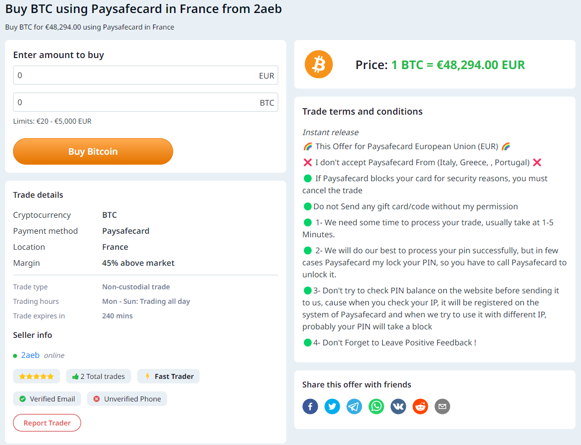 Sell Bitcoin with Paysafecard