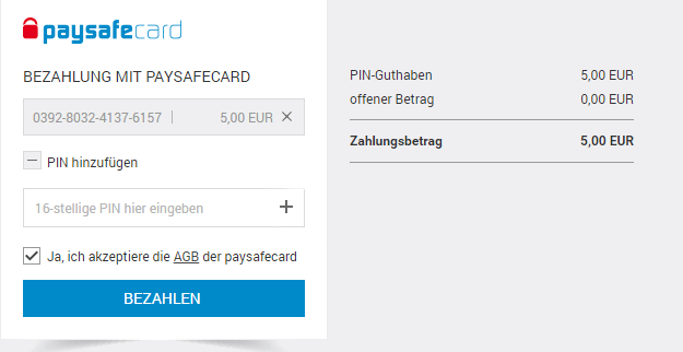 Accountguthaben per paysafecard aufladen