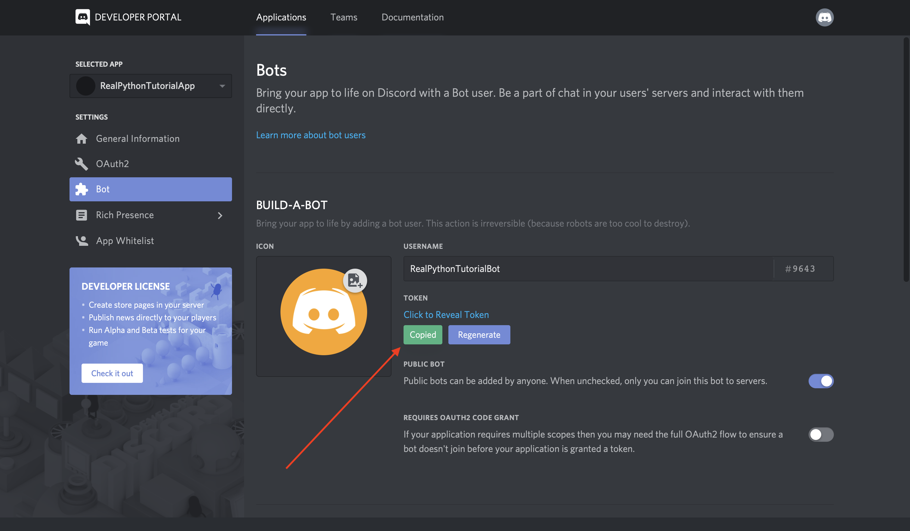 How to get a token for discord bot application