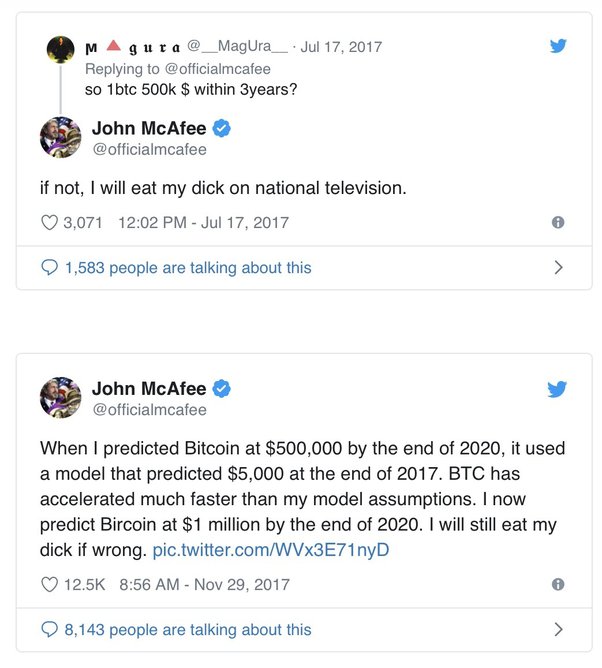 Bitcoin Price Will Hit $1 Million and John Mcafee Won’t be Eating his D**k