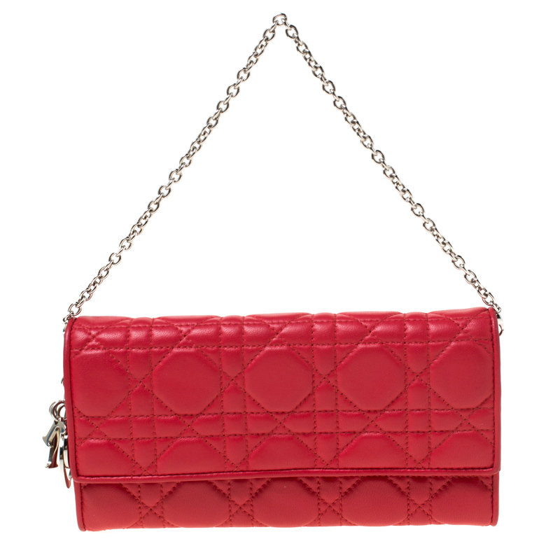 Christian Dior Red Quilted Cannage Leather Lady Dior Wallet w/o Chain - Yoogi's Closet