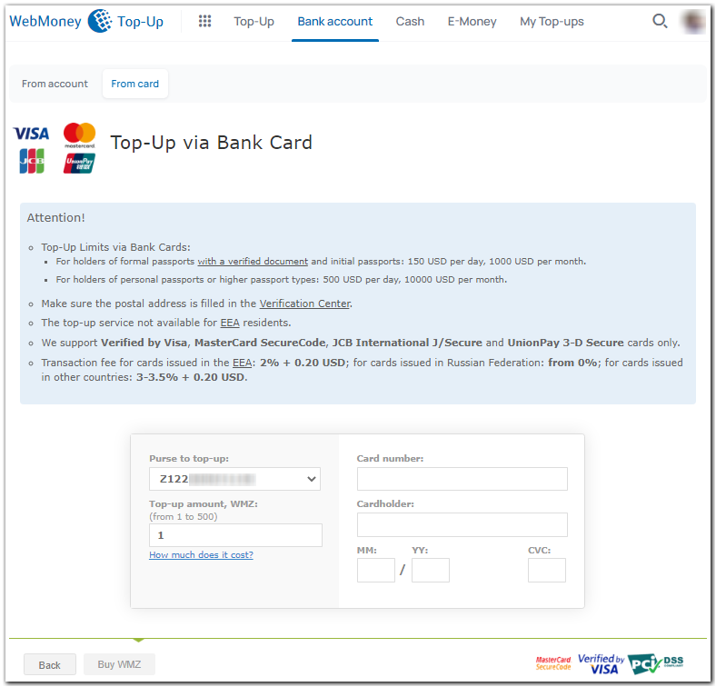 Top up in Germany and EU electronic ewallet WMZ WebMoney with ,- € in USD