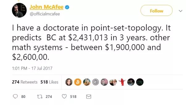 McAfee Updates His $1 Million BTC Price Prediction