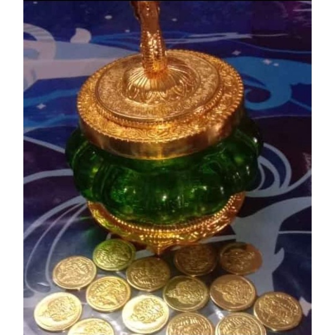 pujacelebrations , Kubera Lakshmi Pot with Coins, Brass Coins with Gold Polish